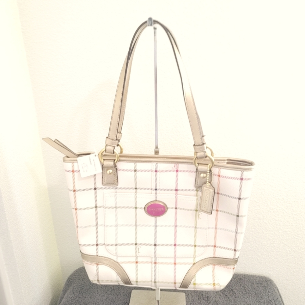 NWT Coach F20093 Peyton Tattersal White Multicolor Purse Tote